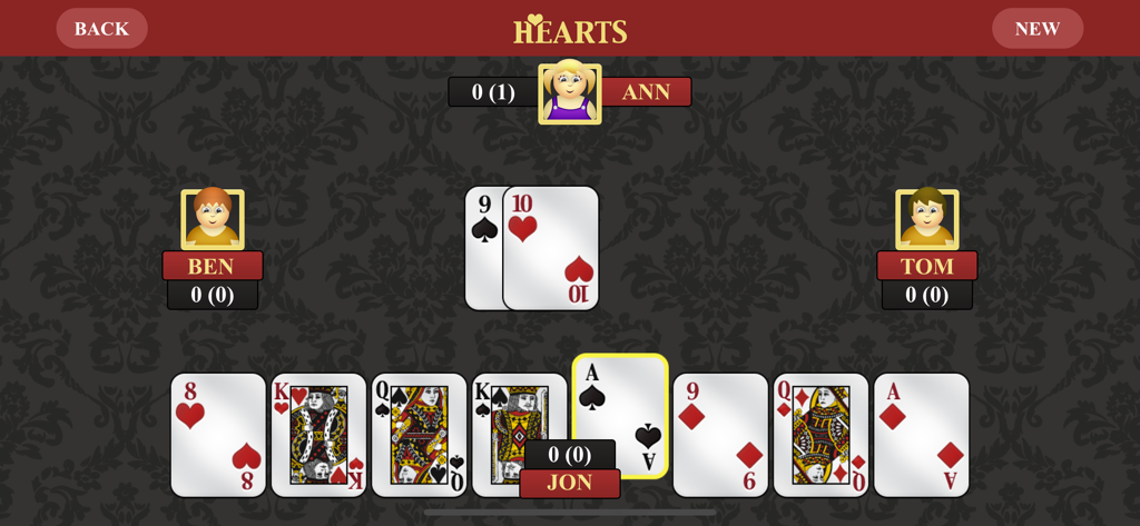 Digitale Hearts-Kartenspieloberfläche, die eine Spielerhand und Gegner während eines Matches zeigt