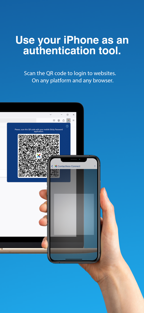 Un iPhone escaneando un código QR en la pantalla de una computadora para iniciar sesión de forma segura en un sitio web usando la conexión sin contacto de Sticky Password.