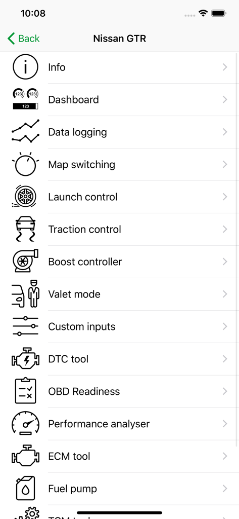 Menu de ajuste de desempenho para um Nissan GTR na aplicação ECU Connect