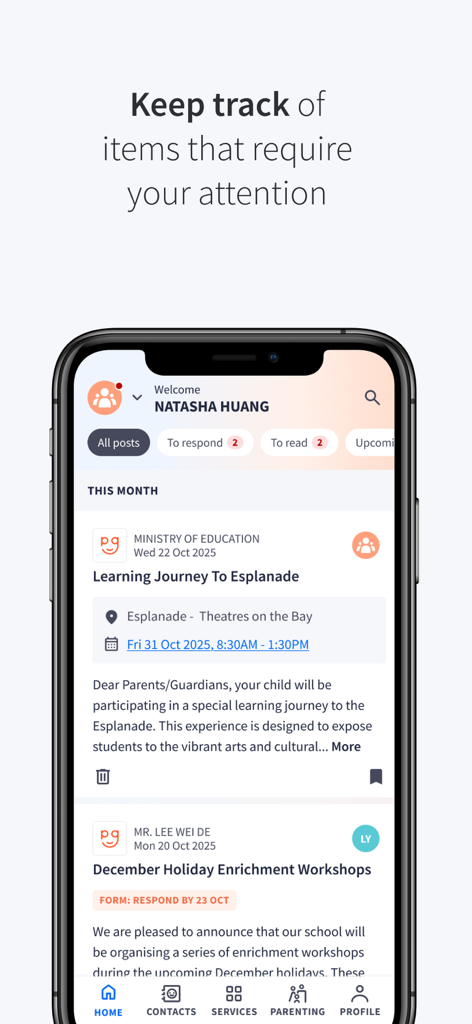 Parents Gateway mobile app screen showing a list of school notifications and announcements for parents