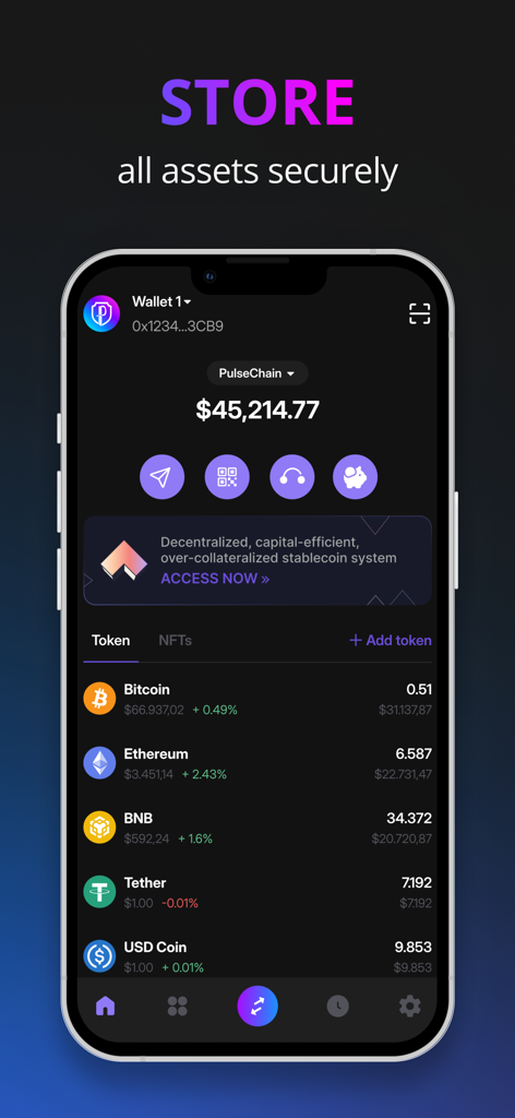 Interface de l'application mobile Pulse Wallet montrant un portefeuille de cryptomonnaies avec Bitcoin et Ethereum stockés en toute sécurité sur PulseChain