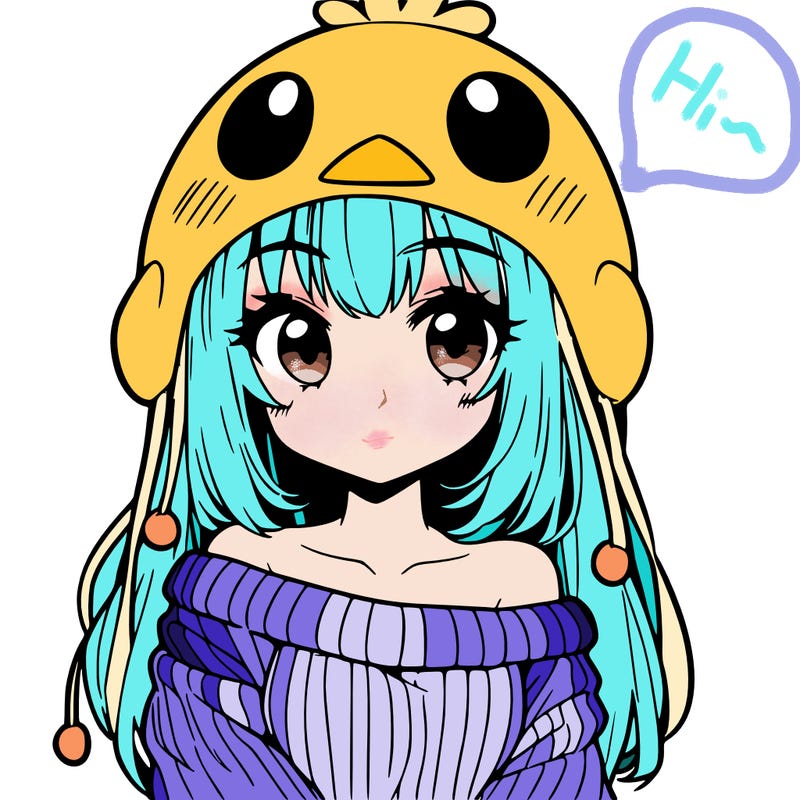 anime girl with chick shaped hat with sweater with bare shoulders with bangs covering them one eye with low tail