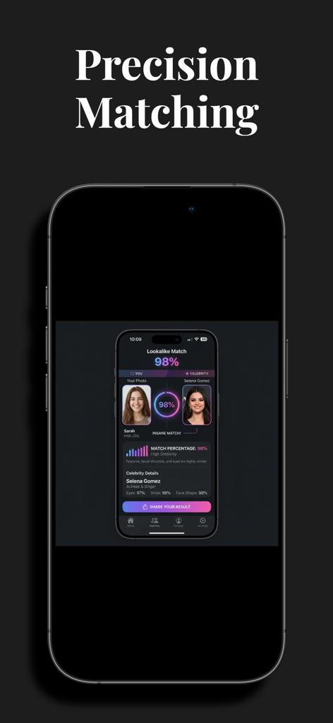 Lookalike Finder - App interface showing a ninety eight percent lookalike match with a celebrity