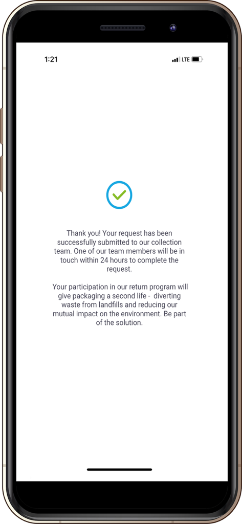 Mauser Packaging Solutions - A confirmation screen in the Mauser Packaging Solutions app showing a successful collection request submission with a green checkmark.