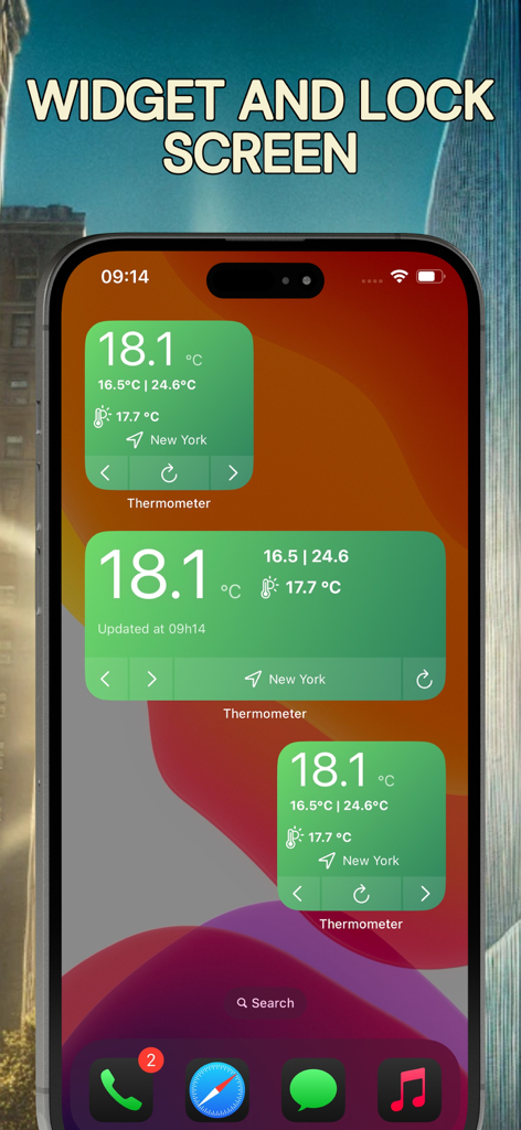 Stylish thermometer and weather widgets displayed on an iPhone home screen showing temperature and location info.