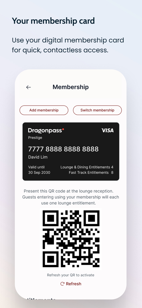 Dragonpass digital membership card display with QR code for quick airport lounge access