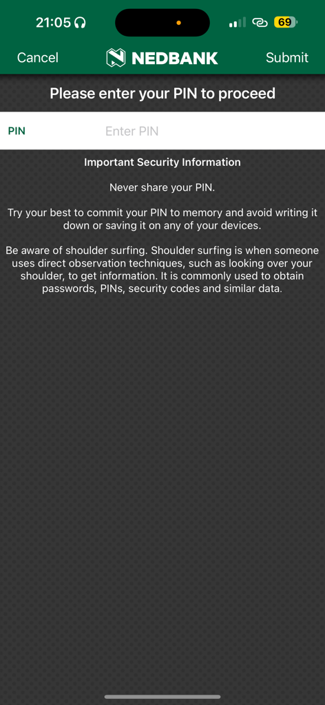 Nedbank AppSuite security screen showing a prompt to enter a PIN and important security information regarding PIN safety and shoulder surfing