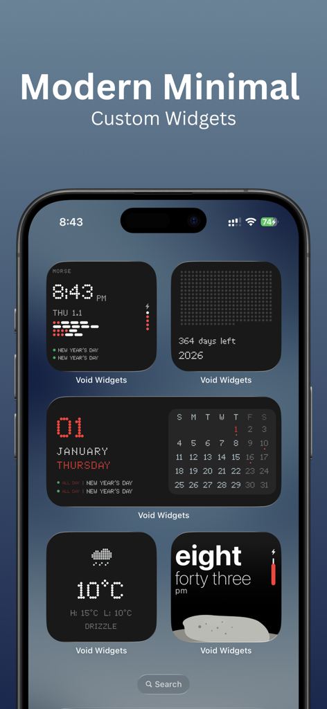Void Widgets - Retro & Minimal - Widgets personalizados modernos, minimalistas e retrô exibidos na tela inicial de um iPhone do aplicativo Void Widgets.