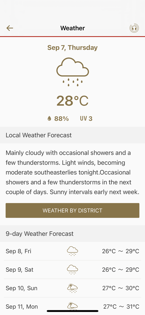 Weather forecast screen on the RTHK News app showing current conditions and a 9-day outlook.