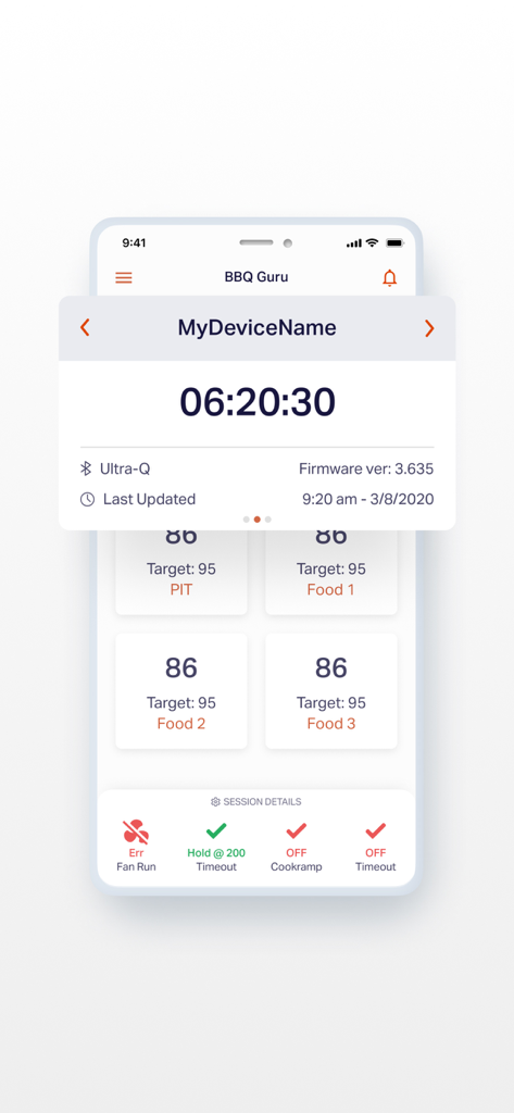 BBQ Guru - BBQ Guru app interface displaying smoker and meat temperature readings