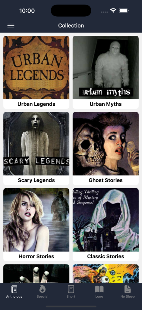 Horror Stories & Scary Stories - The collection screen of the Horror Stories & Scary Stories app featuring categories like Urban Legends and Ghost Stories.