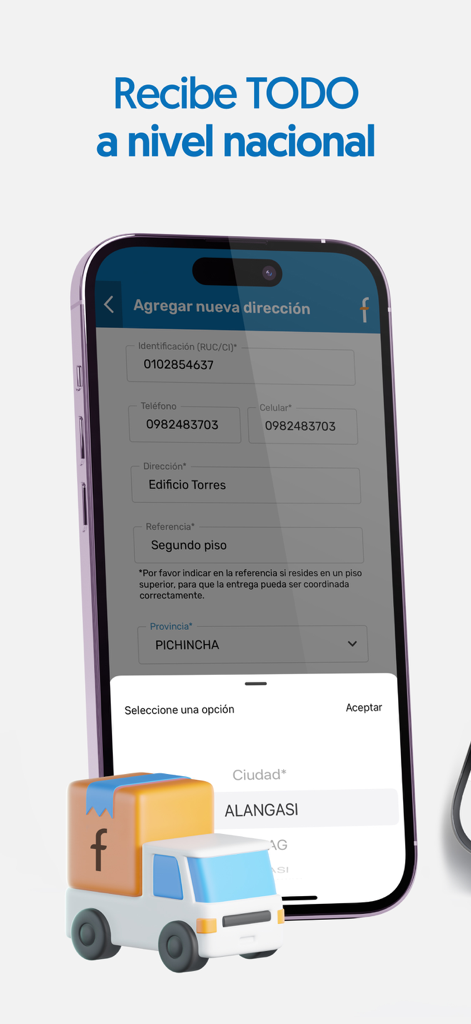 Frecuento - Interface do aplicativo Frecuento para inserir um endereço de entrega para envio nacional no Equador