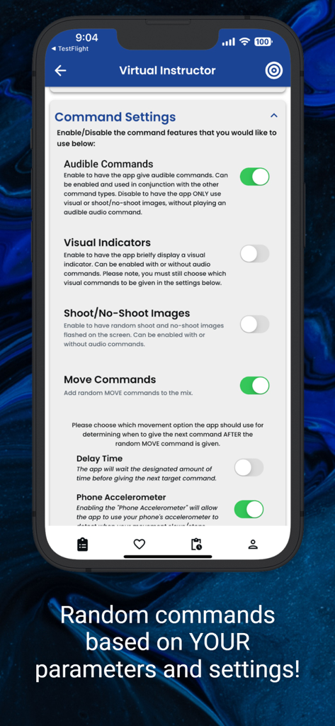 Range Buddy Pro - Range Buddy Pro app Virtual Instructor screen showing customizable settings for audible and visual training commands