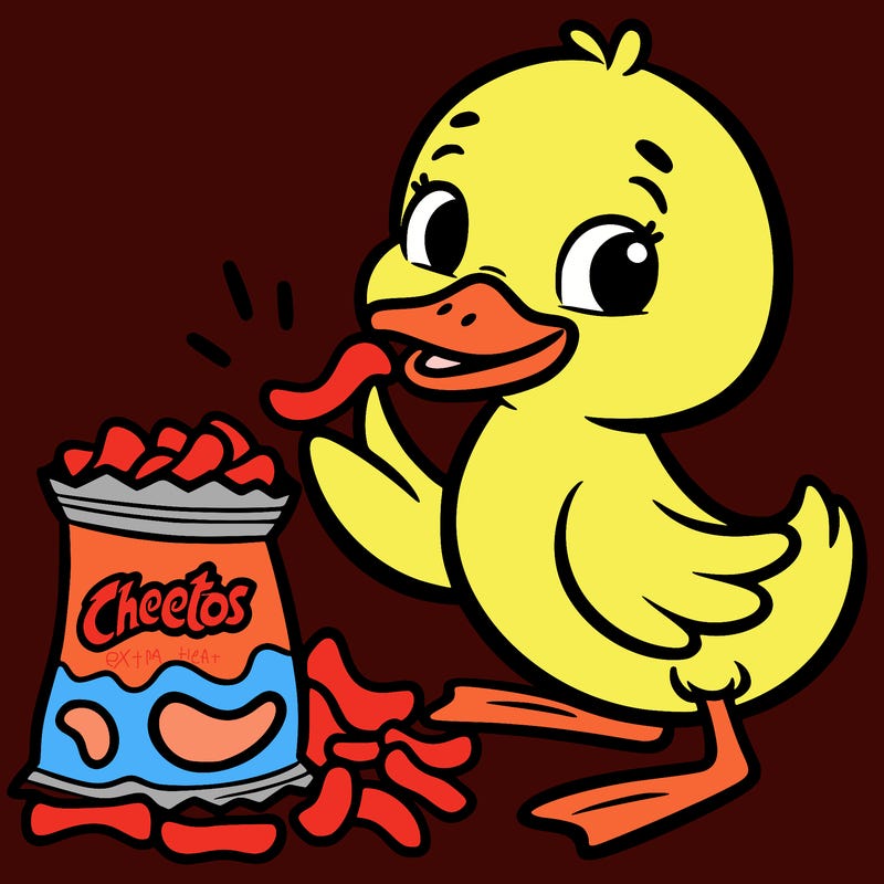 a duck eating cheetos