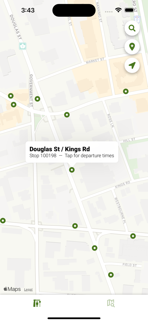 Victoria Transit (BC) - Victoria Transit mobile app map showing bus stop locations and live schedules