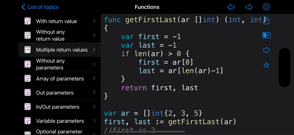 A code recipe for Golang functions with multiple return values displayed in the app interface.