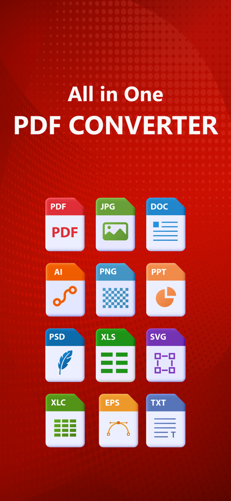 PDF Converter -‎‎ Pdf to Word - Interface of the All in One PDF Converter app showing supported file formats including PDF JPG DOC and PPT