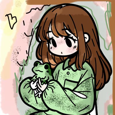 girl with long hair and a oversized shirt. and she is holding a frog