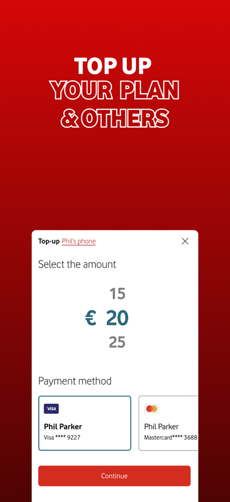 My Vodafone Ireland app interface showing options to top up mobile plans for yourself or others with selected payment methods
