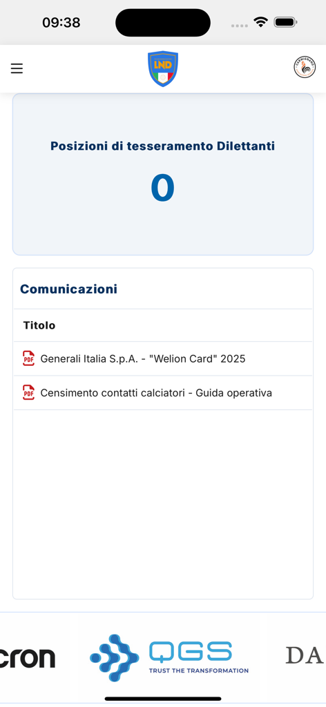 LND Portale Servizi - Dashboard of the LND Portale Servizi app showing registration status and official club communications