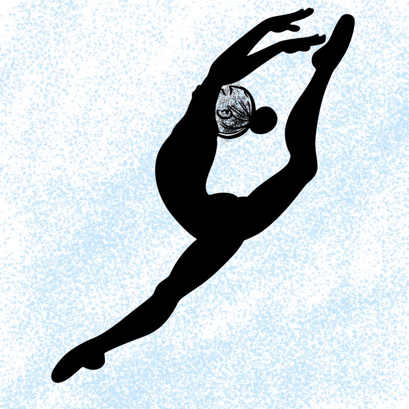 gymnast doing a leap in a leotard with a bent back leg