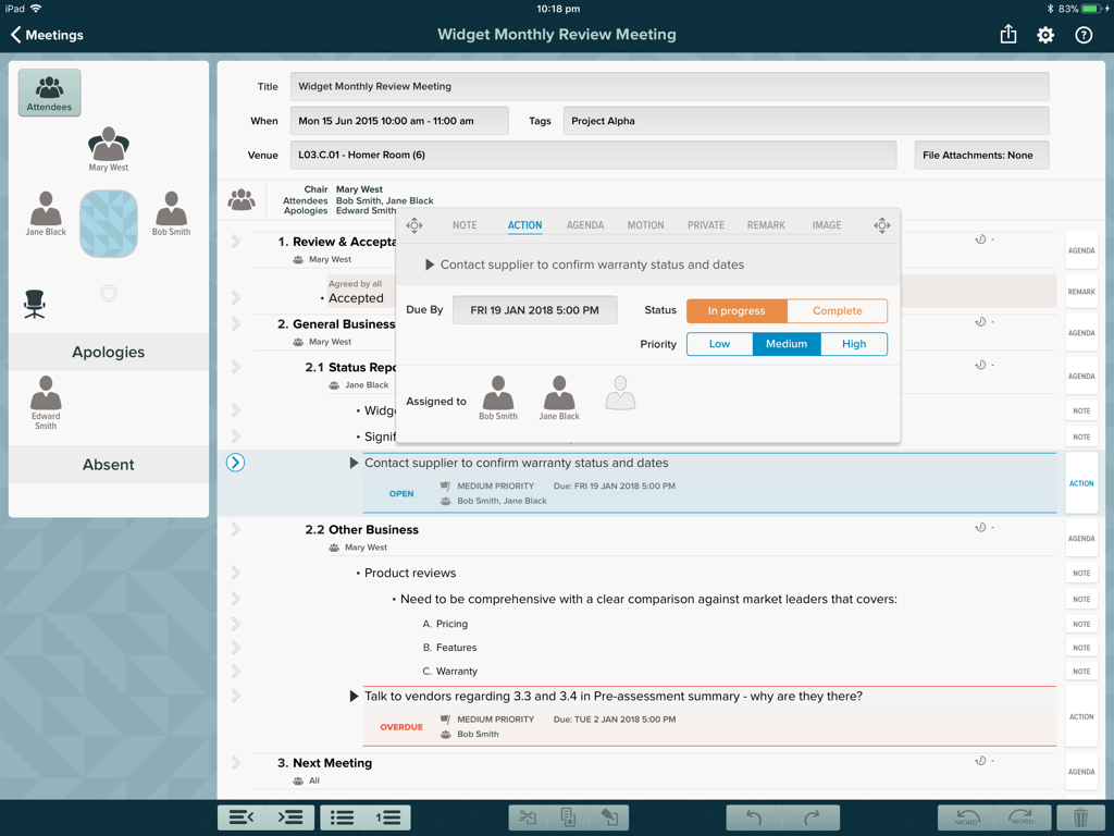 iPad interface of the for Meetings app showing a meeting agenda with an open action item assignment window