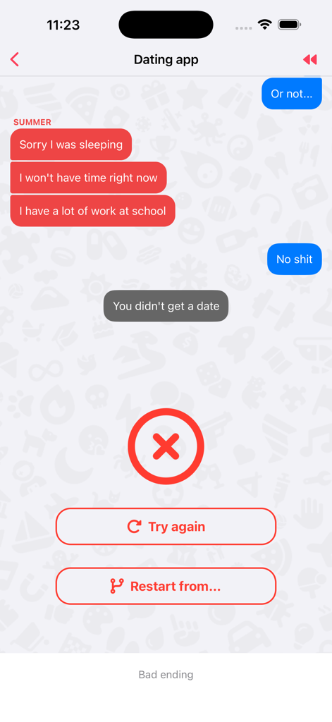 Captura de pantalla de una pantalla de final fallido en un escenario de citas dentro de la aplicación Choices de historias interactivas