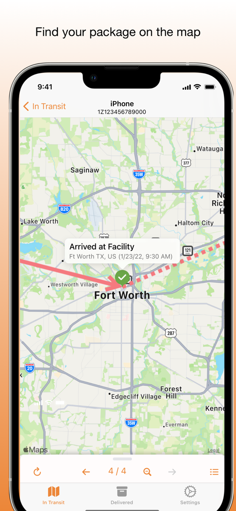 My Package Pro - My Package Pro app showing a package tracking location on a map in Fort Worth.