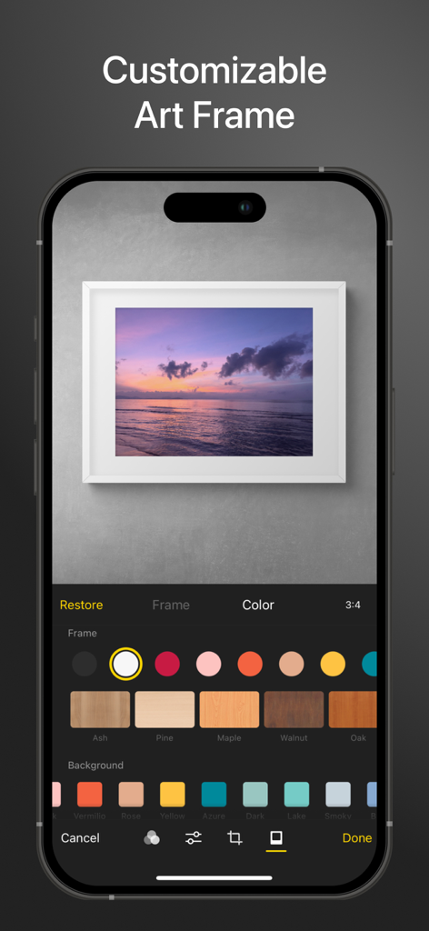 Mobile app interface for customizing digital photo frames and background textures