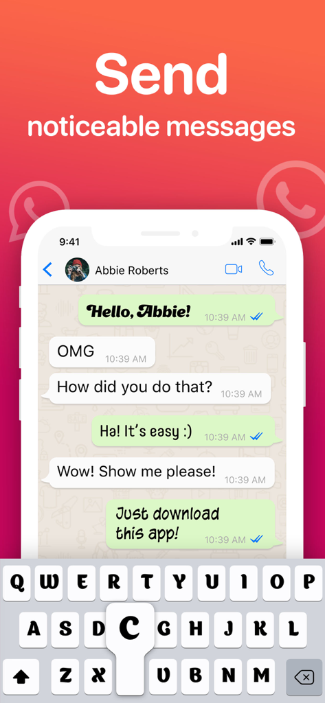 Fonts: Font Keyboard, Text Art - A mobile phone screen showing a chat with creative custom fonts and a stylized keyboard.