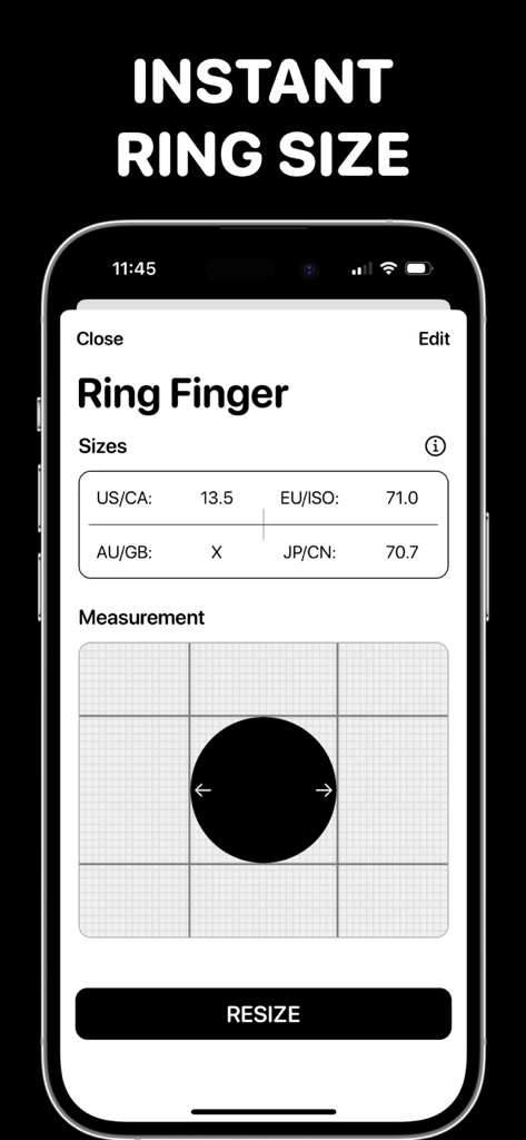 Ring Sizer Tool - Interface of the Ring Sizer Tool app showing international size measurements and a circular measurement tool on a grid
