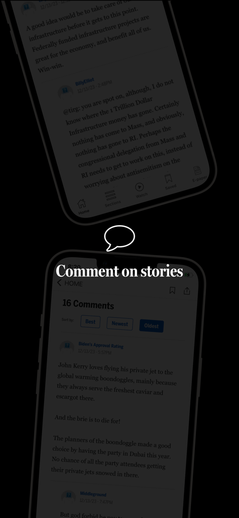 The Boston Globe app interface showcasing the in-app commenting section for readers.