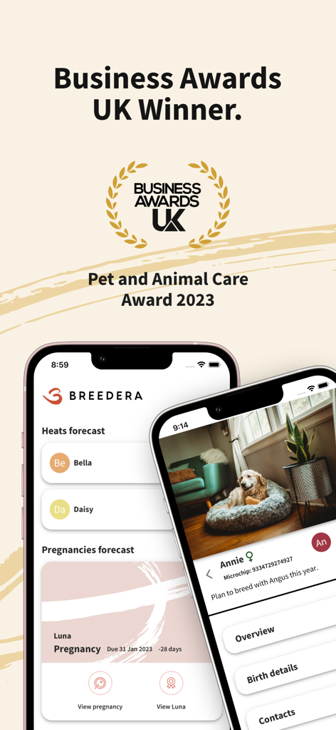 Breedera - Dog Breeder App - Breedera app interface displaying dog heat and pregnancy forecasts alongside the 2023 UK Business Award for Pet and Animal Care