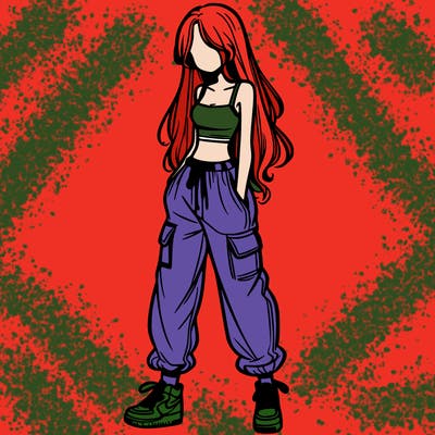 girl in baggy pants crop top and long hair