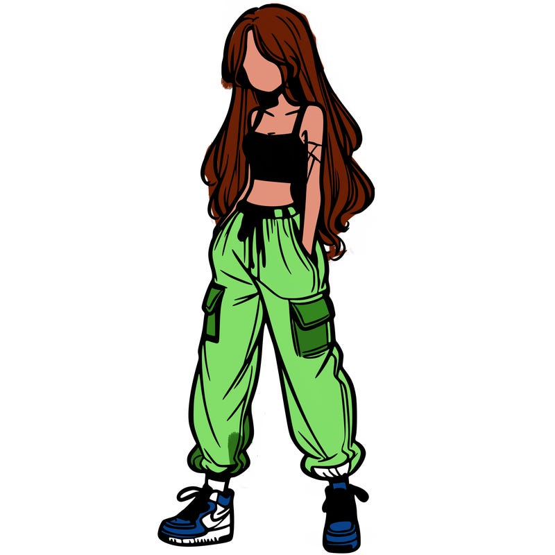 girl in baggy pants crop top and long hair
