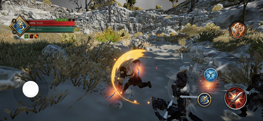 God of Warrior - A warrior performs a spinning sword attack against skeleton enemies in the God of Warrior mobile game