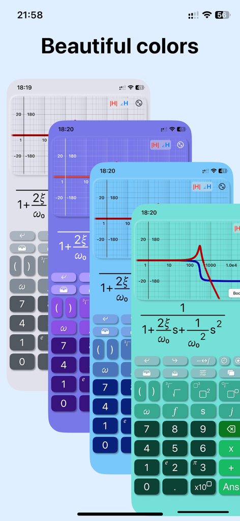 Interface of the Bode Plot Calculator showcasing multiple color themes and transfer function plots
