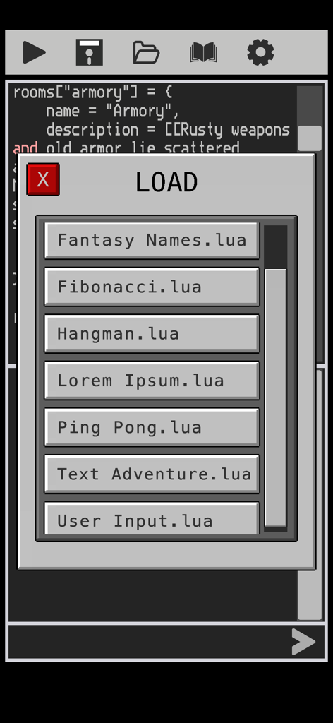 Luana: Code in Lua - Luana app interface showing a list of Lua script examples like Hangman and Fibonacci to load.