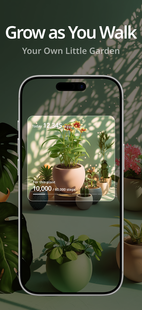 PixelPot: Step Tracker Garden - Application PixelPot affichant un compteur de pas quotidien et un widget de croissance de plantes virtuelles sur un iPhone
