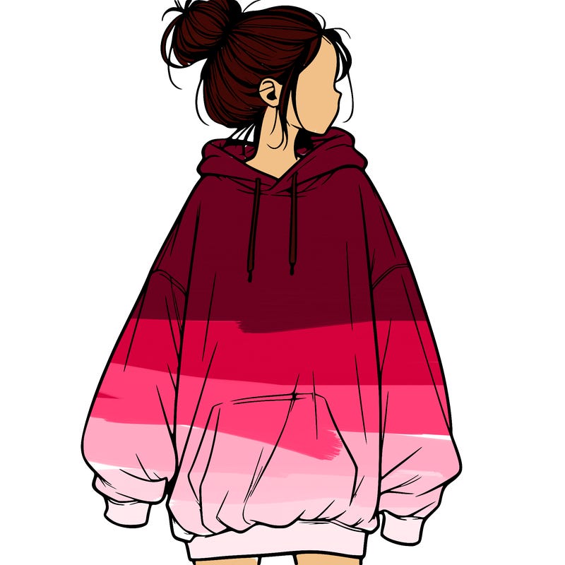realistic girl with a oversized sweatshirt on and a bun