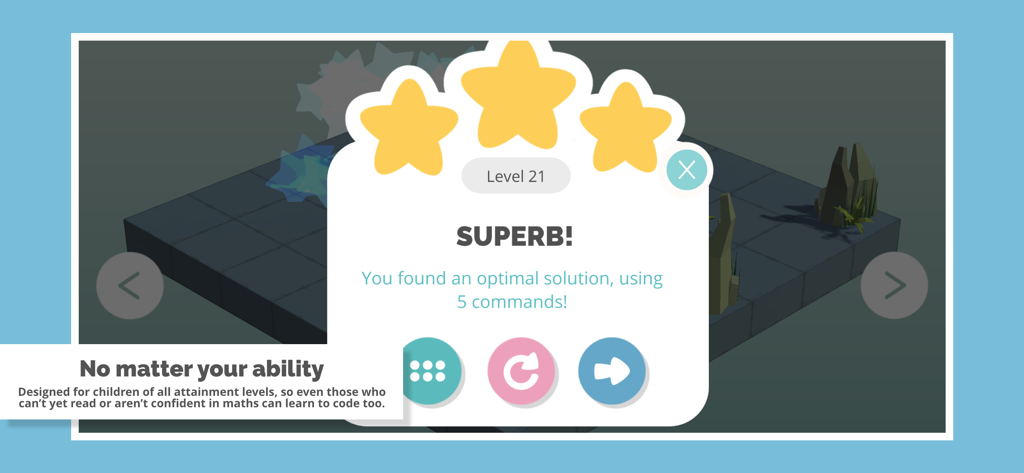 Rodocodo: Code Hour - Tela de conclusão de nível de Rodocodo mostrando três estrelas e mensagem de solução ideal