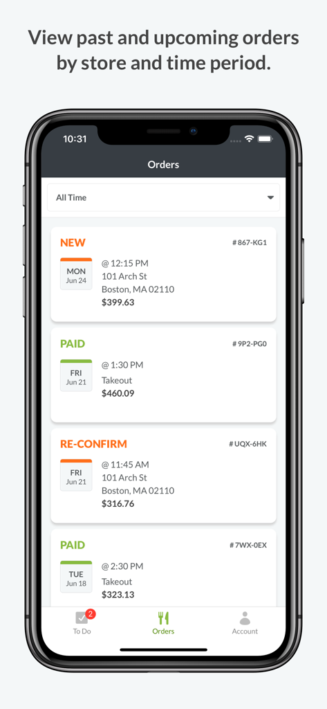 Interface da aplicação ezManage mostrando uma lista de pedidos de catering passados e futuros com etiquetas de status como Novo e Pago