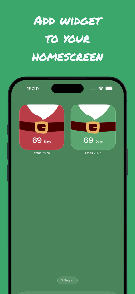 Christmas Countdown for 2026 - Pantalla de inicio de iPhone con widgets de cuenta regresiva de Navidad rojos y verdes.