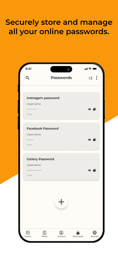 Secrete Calculator Lock Vault - Smartphone displaying the password management screen of the Secret Calculator Lock Vault app