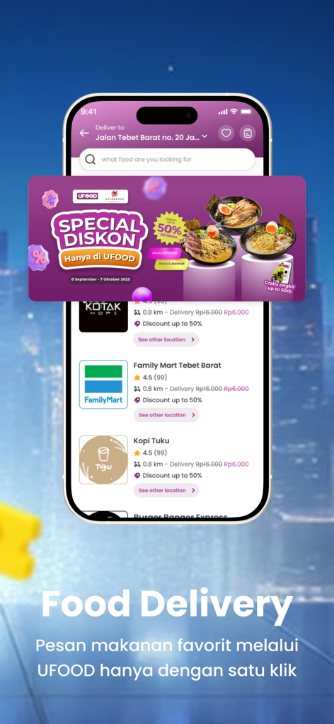 UltraVoucher: Diskon & UFood - Smartphone screen showing the UltraVoucher app food delivery interface with discounts on Indonesian restaurants and merchants.