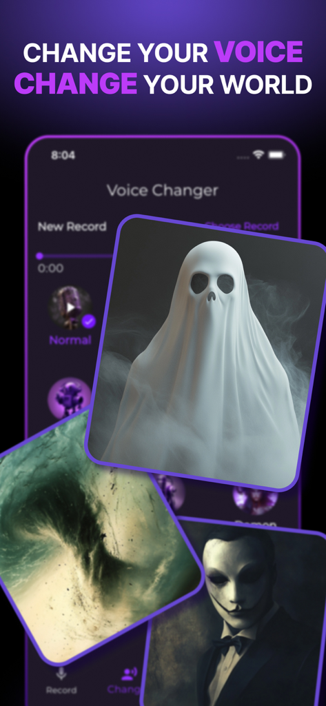 Interface of the Scream Voice Changer app featuring horror character filters and recording tools.