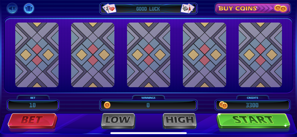 Schermata principale del gioco di VideoPoker+ Jacks or Better che mostra cinque carte coperte e i controlli di puntata