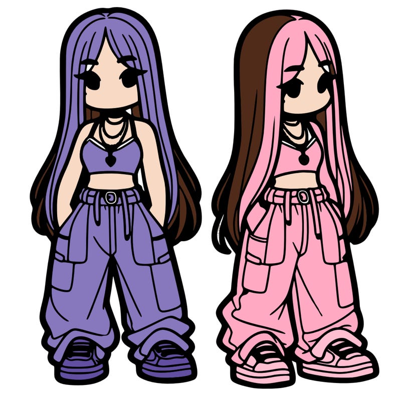 girl in baggy pants crop top and long hair