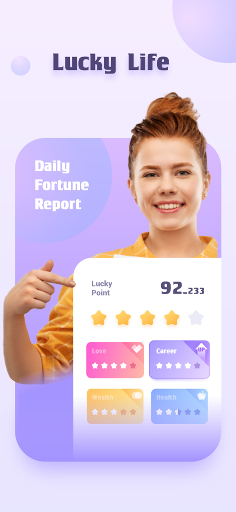 A woman pointing at a daily fortune report card in the Lucky Life app showing star ratings for love career wealth and health