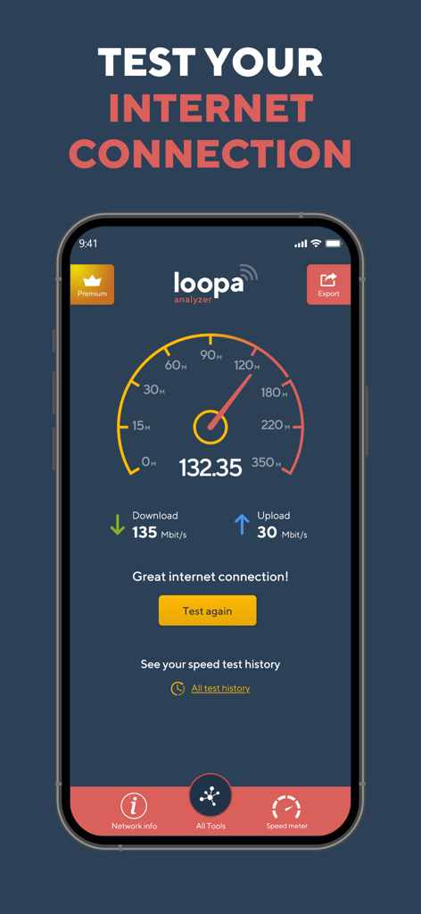 Network Analyzer Master: Loopa - Interface de l'application mobile Loopa Network Analyzer montrant un test de débit Internet avec des métriques de téléchargement et de téléversement sur un indicateur